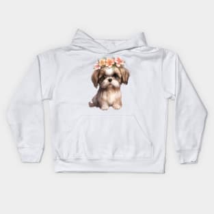 Watercolor Shih Tzu Dog with Head Wreath Kids Hoodie